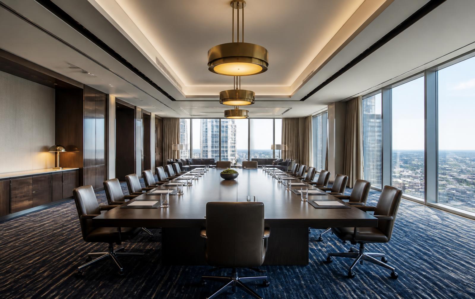 Empty hotel boardroom with a long table, navy carpet, and city views