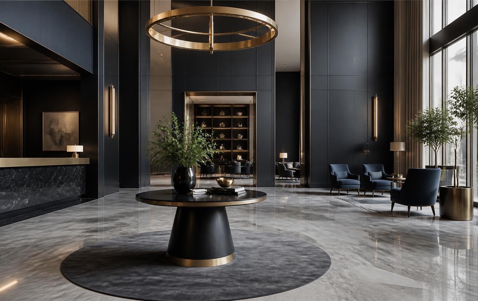 Contemporary hotel lobby with dark paneling, marble flooring, and warm brass lighting