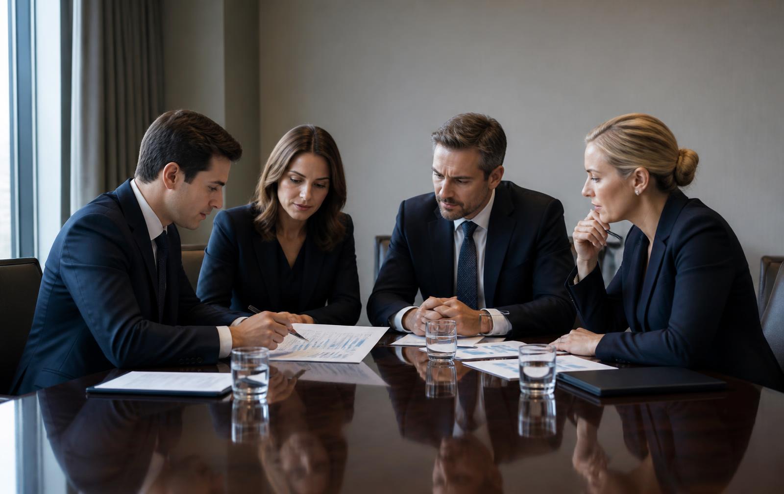 Four hospitality professionals in business attire reviewing performance charts at a conference table